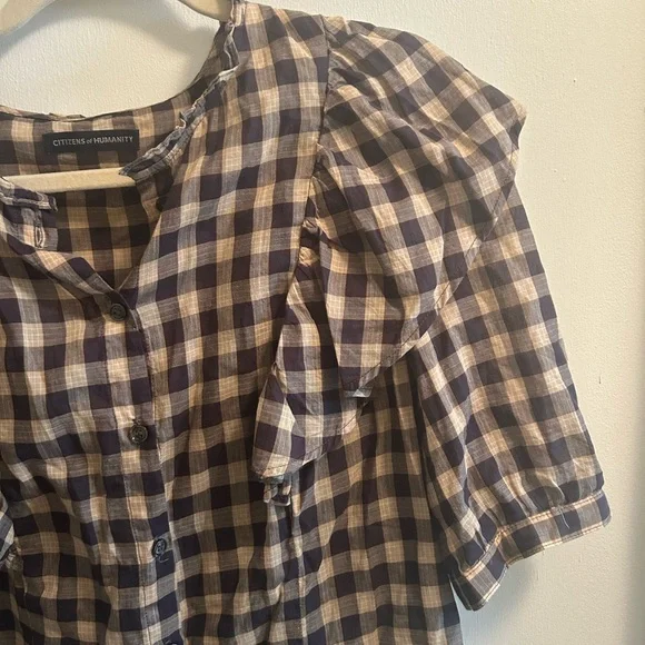 Citizens of Humanity Jolene Blouse Black and Cream Gingham Ruffle Top Size Large - Picture 2 of 6